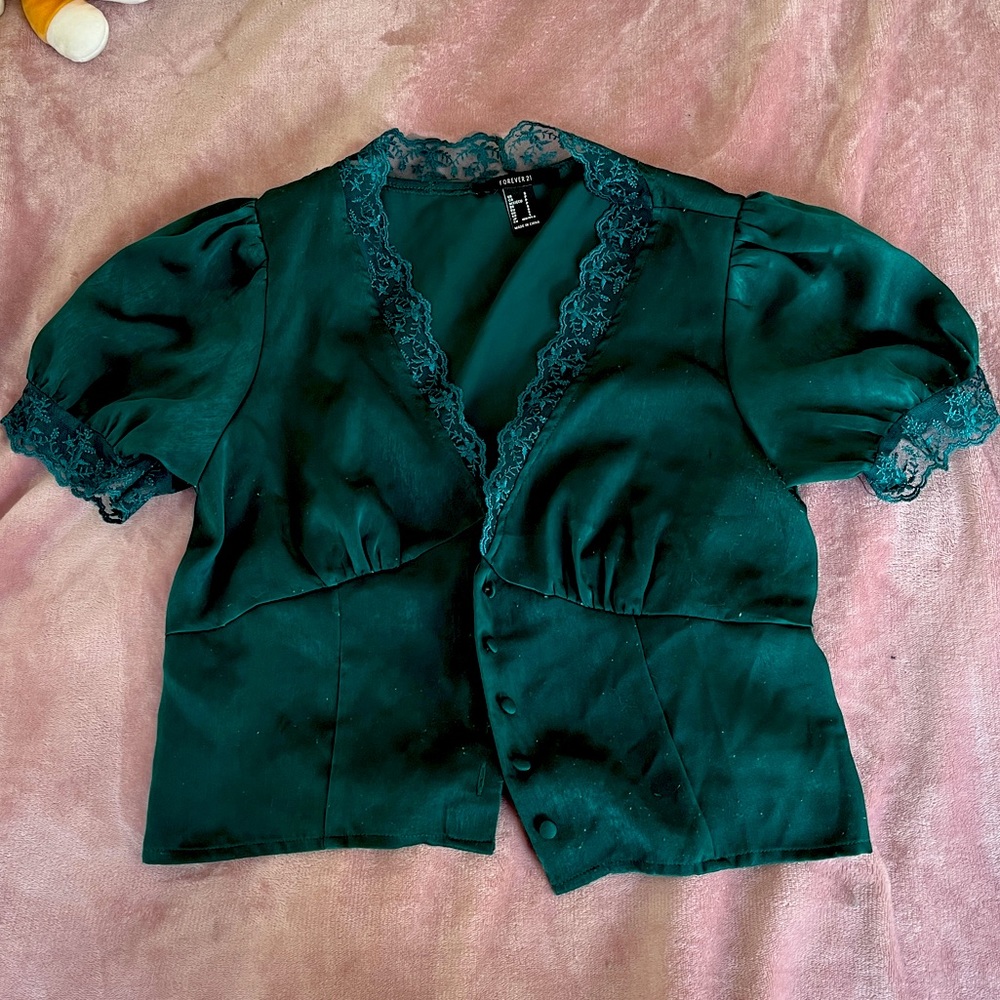 Forever 21 Green Lace Button Up Top